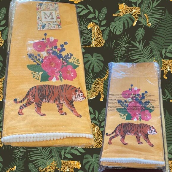 Mia Charro Marigold Tiger Floral Graphic Woven Accent Cotton Kitchen Towels-3 Pk - Picture 1 of 3
